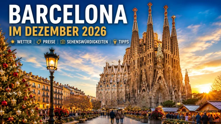 Sagrada Familia und Weihnachtsbeleuchtung in Barcelona im Dezember bei sonnigem Winterwetter