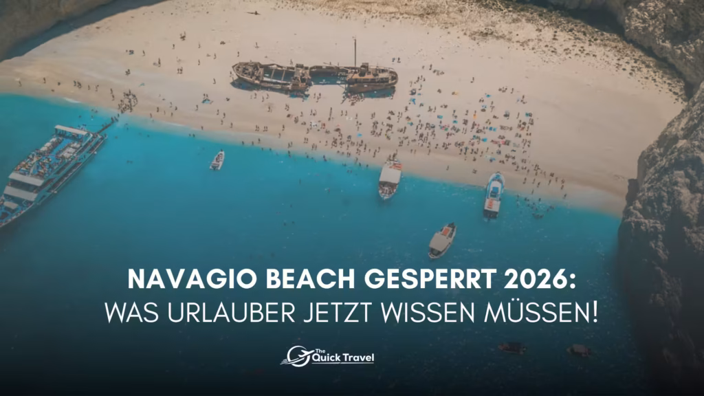Navagio Beach gesperrt 2026: Was Urlauber jetzt wissen müssen! 1 Luftaufnahme vom Navagio Beach gesperrt 2026 mit dem berühmten Schiffswrack und Booten auf Zakynthos